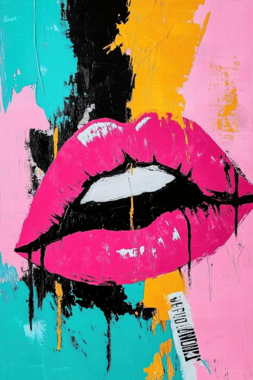 Poster mit pinken Lippen vor abstraktem farbigem Hintergrund in Popart Stil