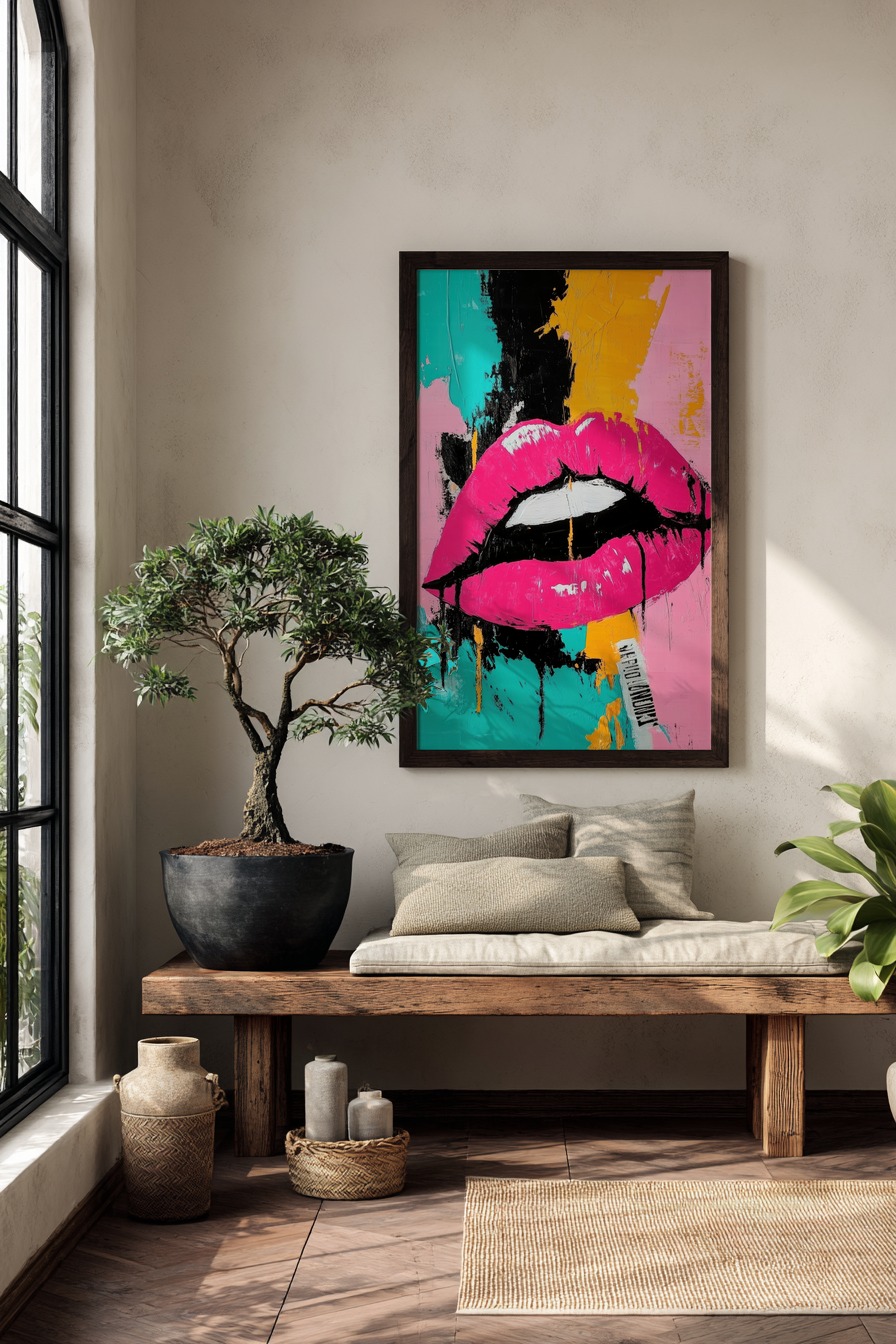 Poster mit pinken Lippen vor abstraktem farbigem Hintergrund in Popart Stil