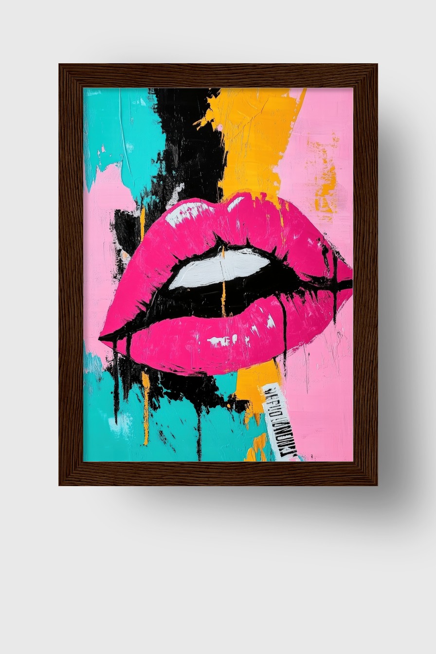 Poster mit pinken Lippen vor abstraktem farbigem Hintergrund in Popart Stil