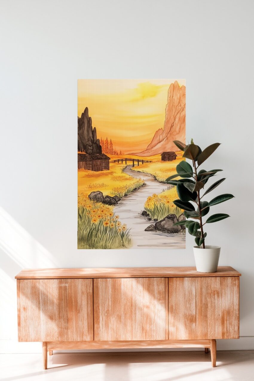 Kunstdruck eines Flusses mit Blumenwiese, Hütten und Bergen in warmem Sonnenlicht in Gelb- und Orangetönen