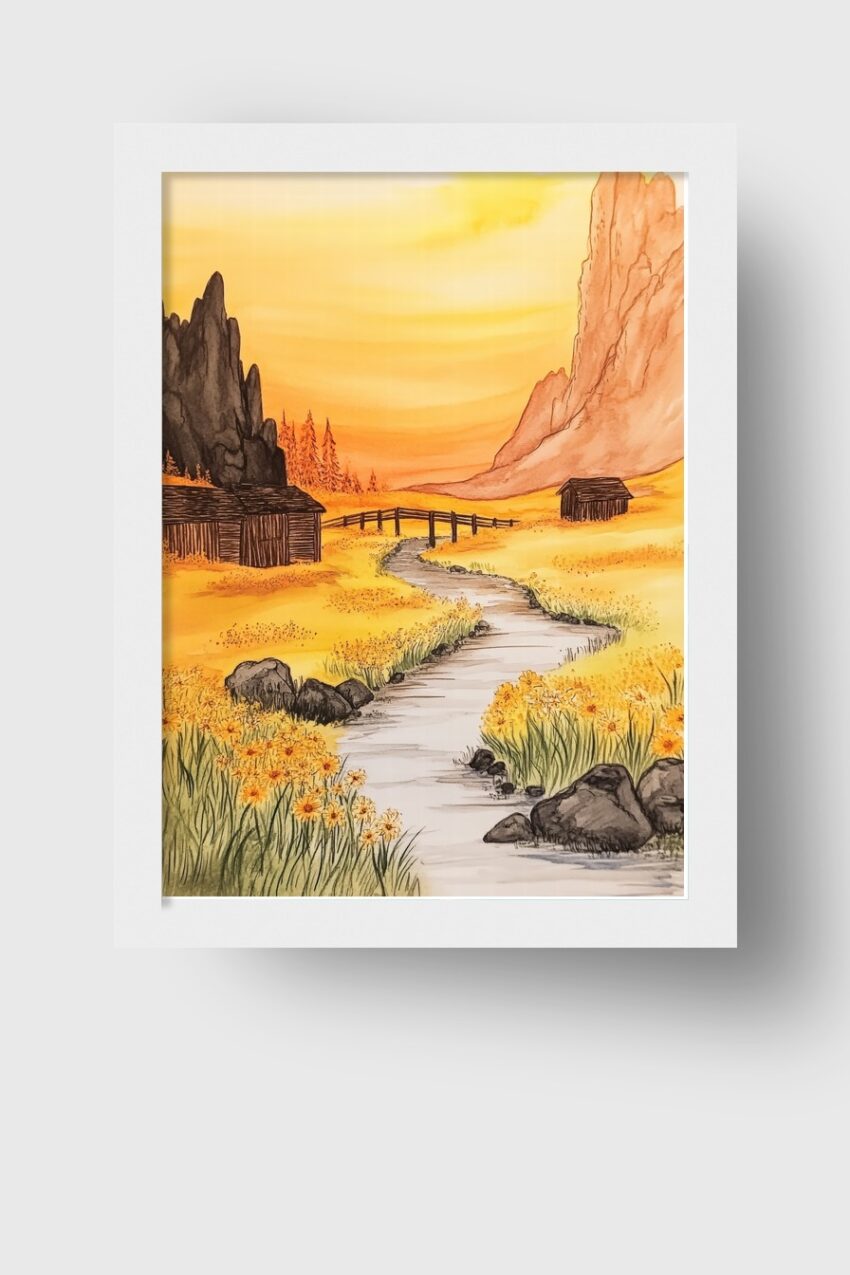 Kunstdruck eines Flusses mit Blumenwiese, Hütten und Bergen in warmem Sonnenlicht in Gelb- und Orangetönen