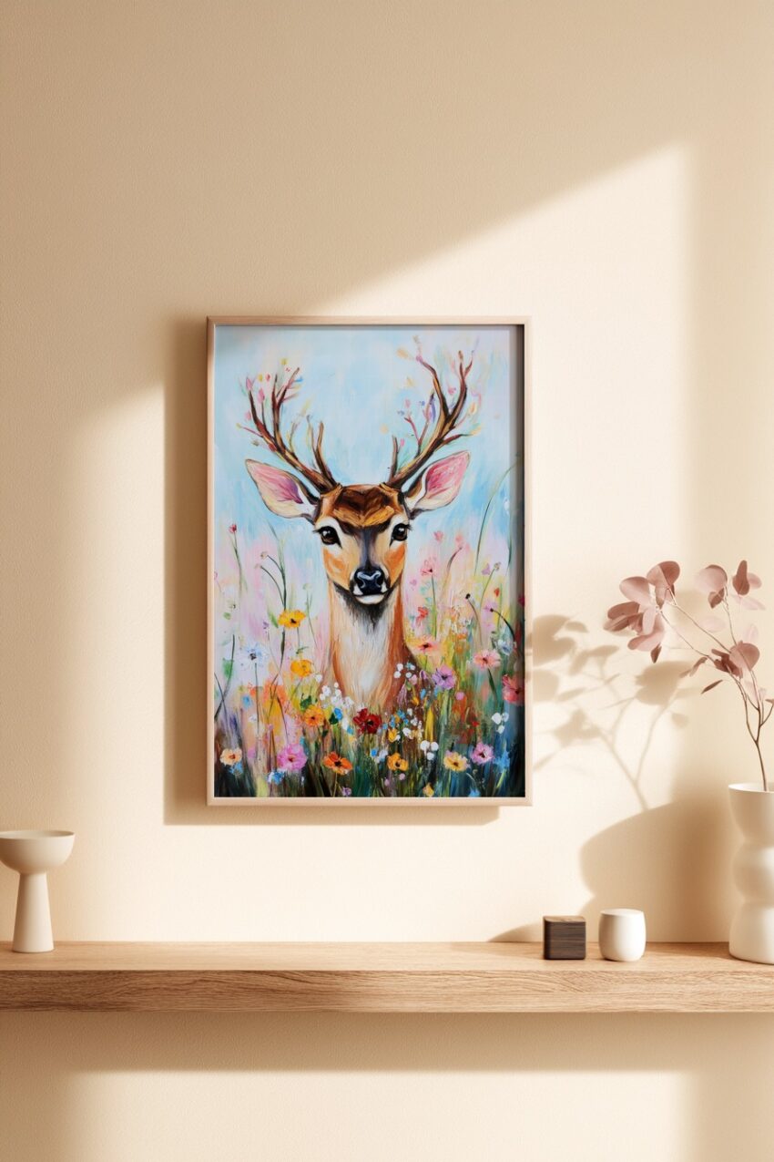 Kunstdruck eines farbenfrohen Hirschkopfes vor einer bunten Blumenwiese in Pastellfarben