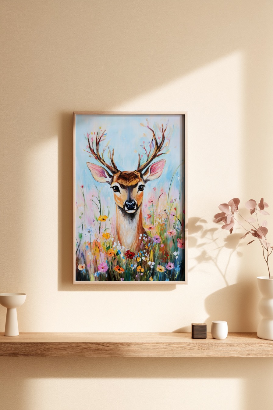 Kunstdruck eines farbenfrohen Hirschkopfes vor einer bunten Blumenwiese in Pastellfarben