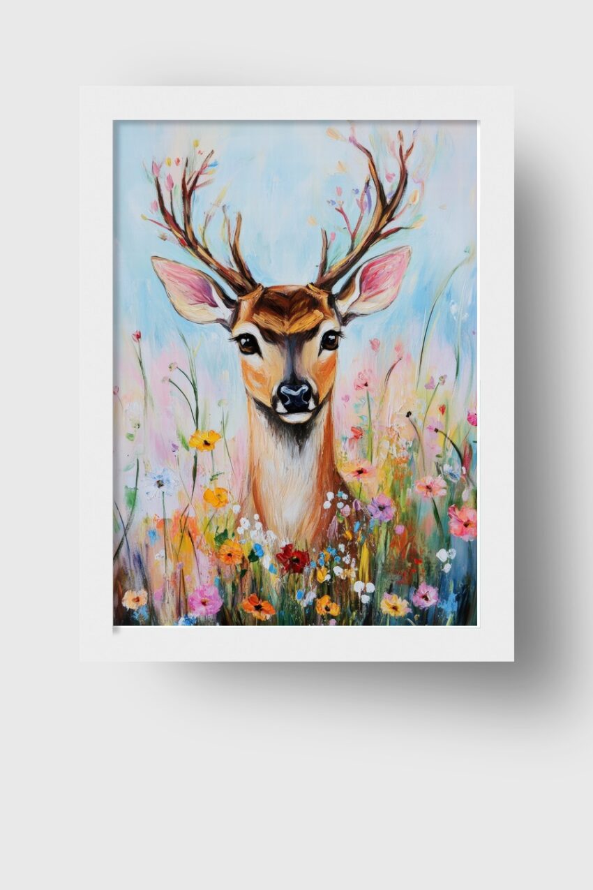 Kunstdruck eines farbenfrohen Hirschkopfes vor einer bunten Blumenwiese in Pastellfarben