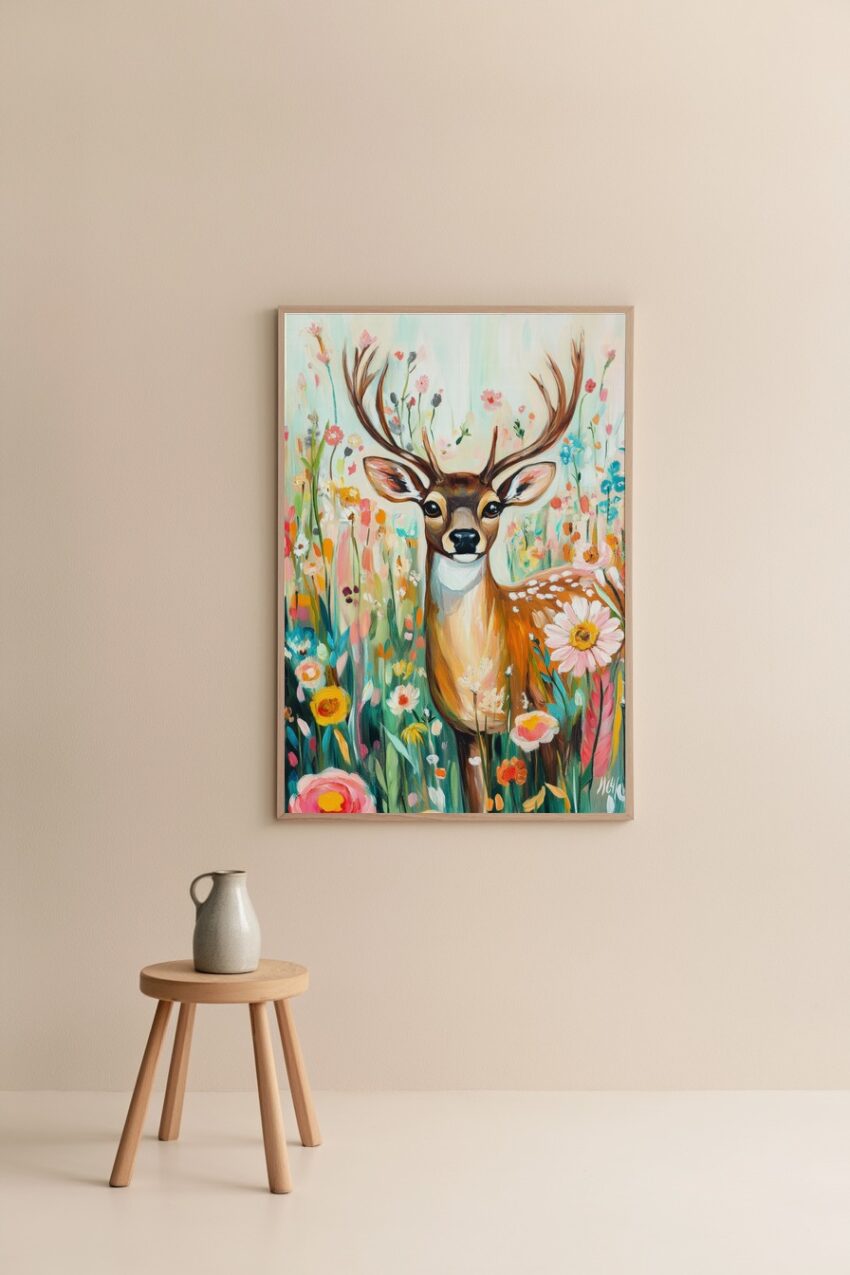 Poster mit Reh im Blumenfeld in leuchtenden Farben, lebendige Tier- und Naturmalerei