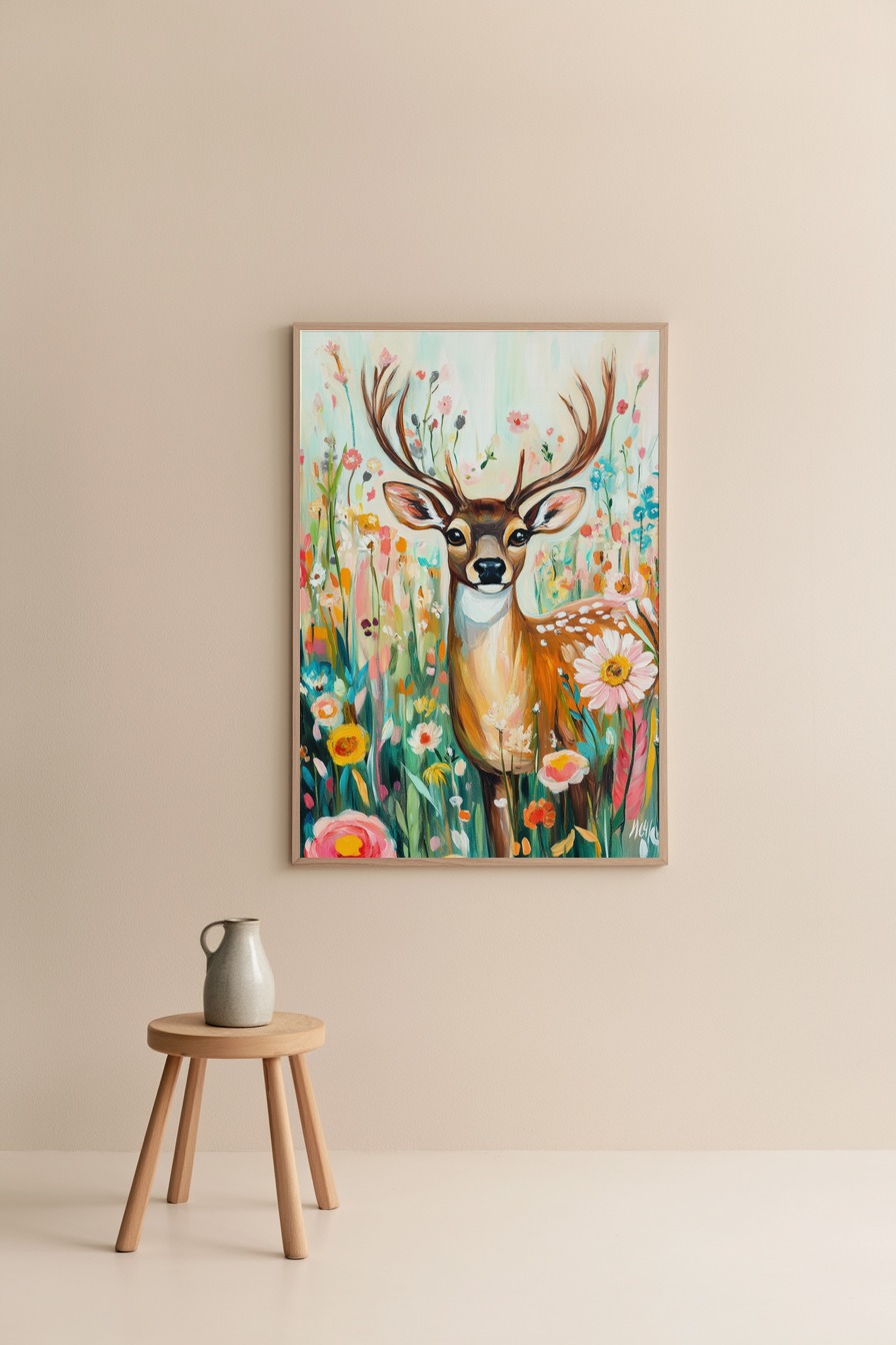 Poster mit Reh im Blumenfeld in leuchtenden Farben, lebendige Tier- und Naturmalerei