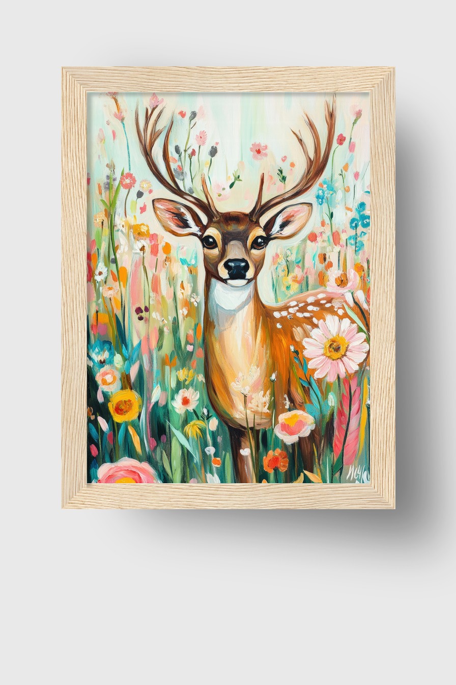 Poster mit Reh im Blumenfeld in leuchtenden Farben, lebendige Tier- und Naturmalerei