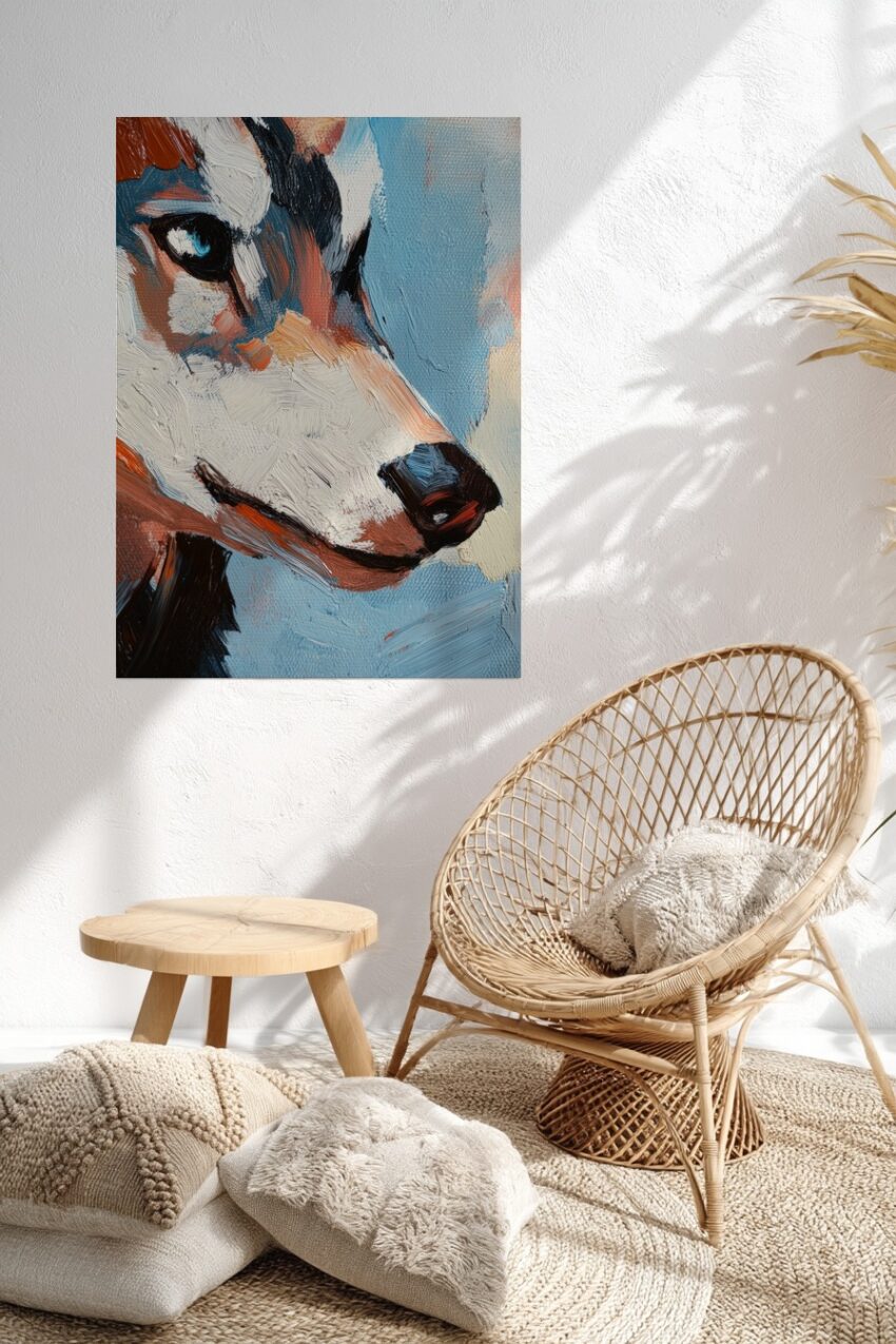 Ölgemälde eines Hundegesichts in Nahaufnahme mit kräftigen, sichtbaren Pinselstrichen und einer blauen Hintergrundfarbe