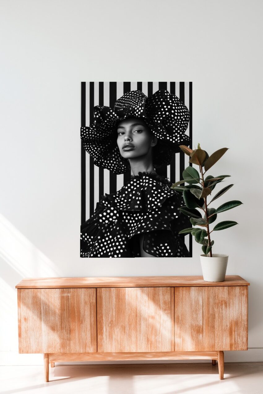 Schwarz weiß Poster einer Frau mit großem Punktehut und Tupfenkleid vor gestreiftem Hintergrund im Modefoto Stil