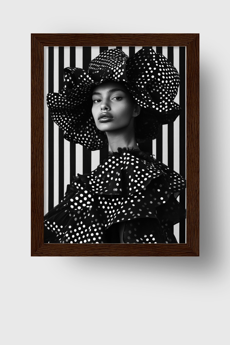 Schwarz weiß Poster einer Frau mit großem Punktehut und Tupfenkleid vor gestreiftem Hintergrund im Modefoto Stil