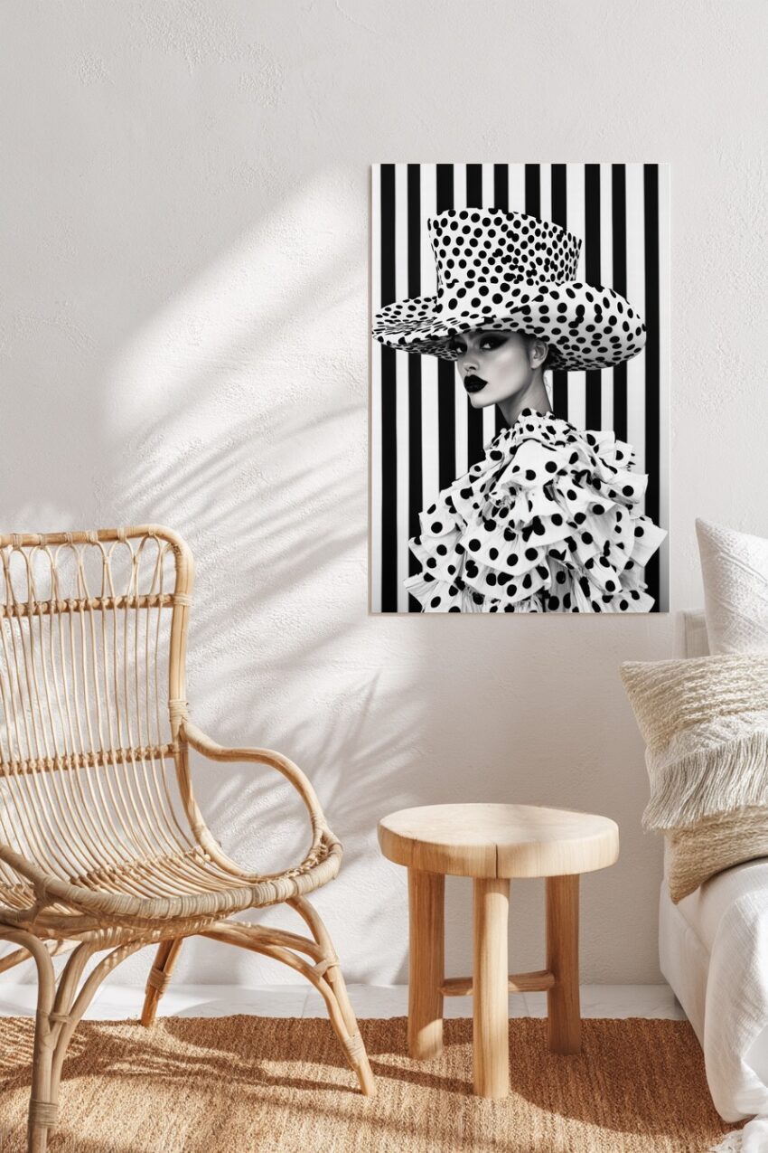 Schwarz Weiß Poster einer Frau mit großem gepunktetem Hut und Kleid vor gestreiftem Hintergrund