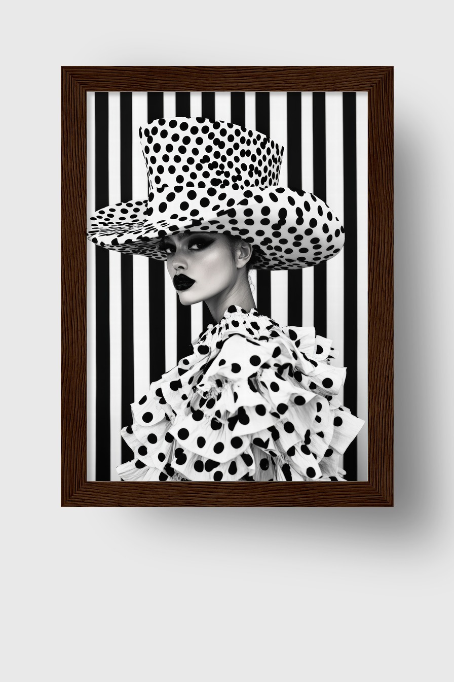 Schwarz Weiß Poster einer Frau mit großem gepunktetem Hut und Kleid vor gestreiftem Hintergrund