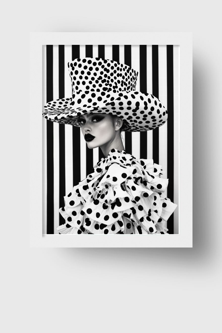 Schwarz Weiß Poster einer Frau mit großem gepunktetem Hut und Kleid vor gestreiftem Hintergrund