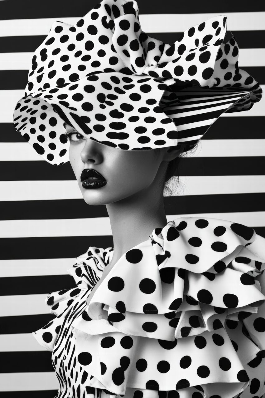 Schwarz-weiß Poster mit Frau im Polka-Dot Hut und Kleid vor gestreiftem Hintergrund in modernem Fashion Stil