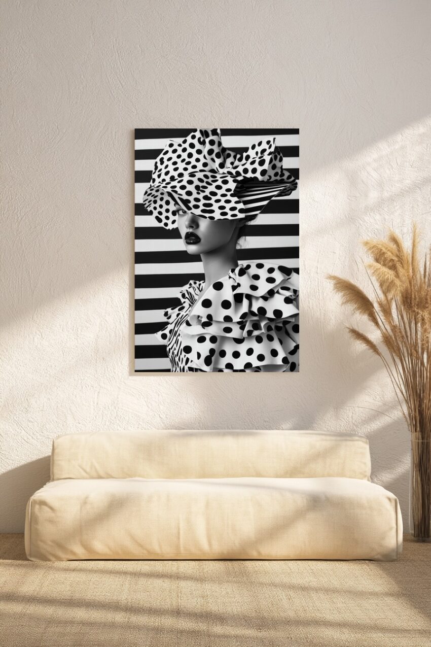 Schwarz-weiß Poster mit Frau im Polka-Dot Hut und Kleid vor gestreiftem Hintergrund in modernem Fashion Stil