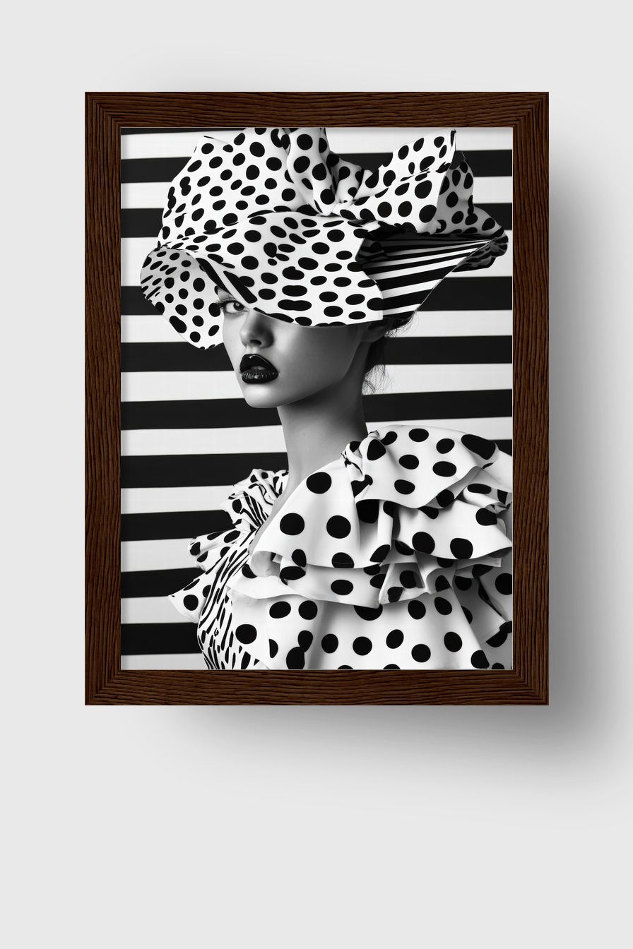 Schwarz-weiß Poster mit Frau im Polka-Dot Hut und Kleid vor gestreiftem Hintergrund in modernem Fashion Stil
