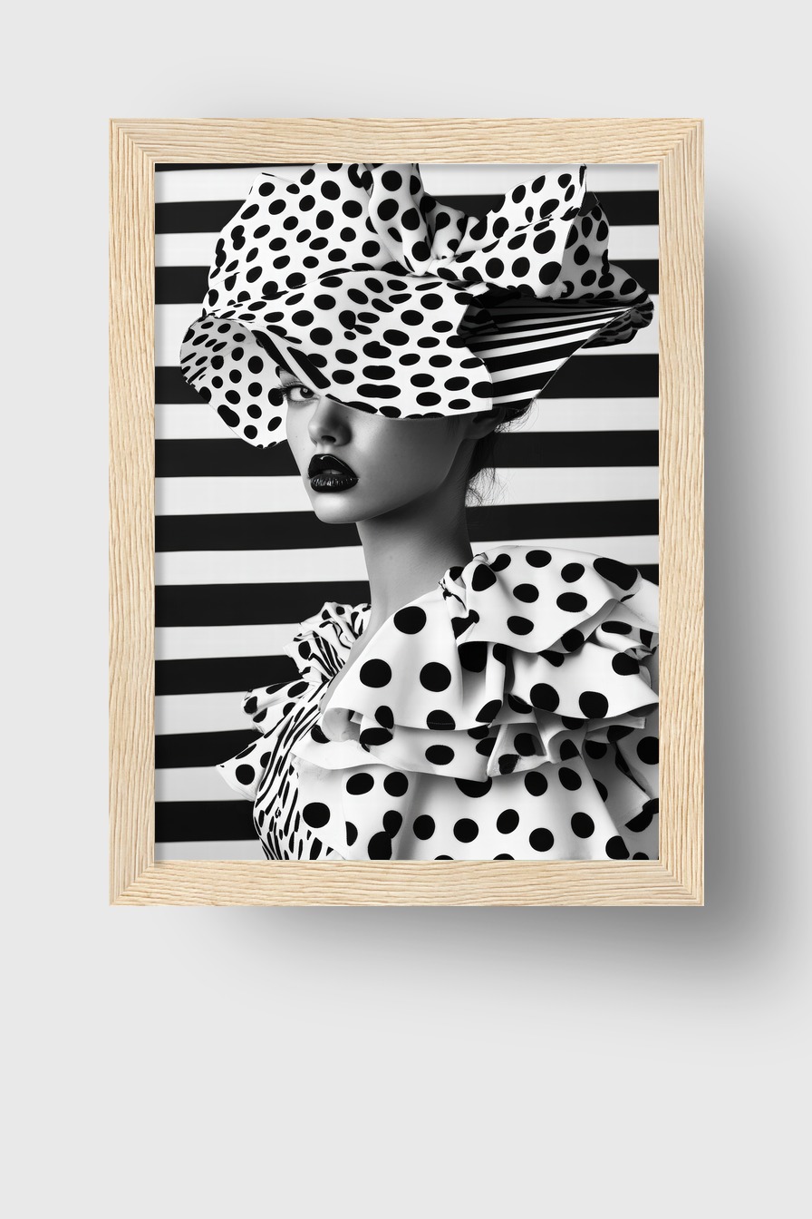 Schwarz-weiß Poster mit Frau im Polka-Dot Hut und Kleid vor gestreiftem Hintergrund in modernem Fashion Stil
