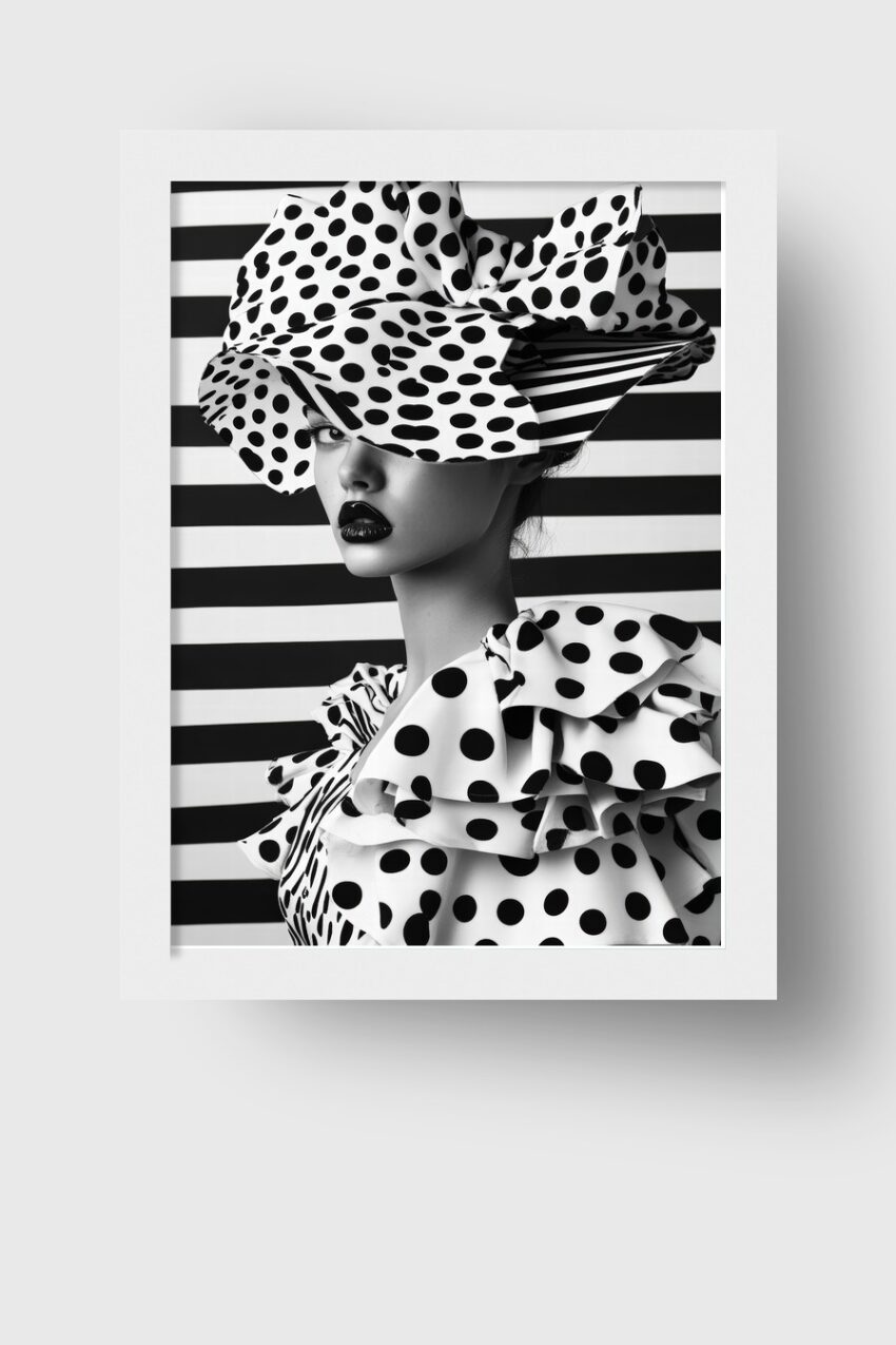 Schwarz-weiß Poster mit Frau im Polka-Dot Hut und Kleid vor gestreiftem Hintergrund in modernem Fashion Stil