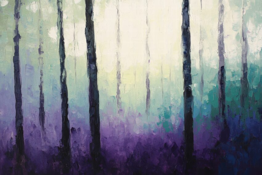 Kunstdruck mit Wald und Nebel in violetten und blauen Farbtönen, abstrakte Bäume vor hellem Hintergrund