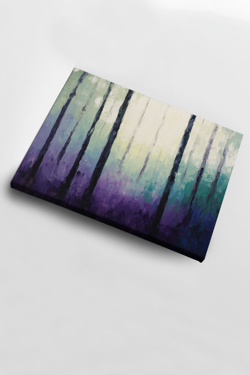 Kunstdruck mit Wald und Nebel in violetten und blauen Farbtönen, abstrakte Bäume vor hellem Hintergrund