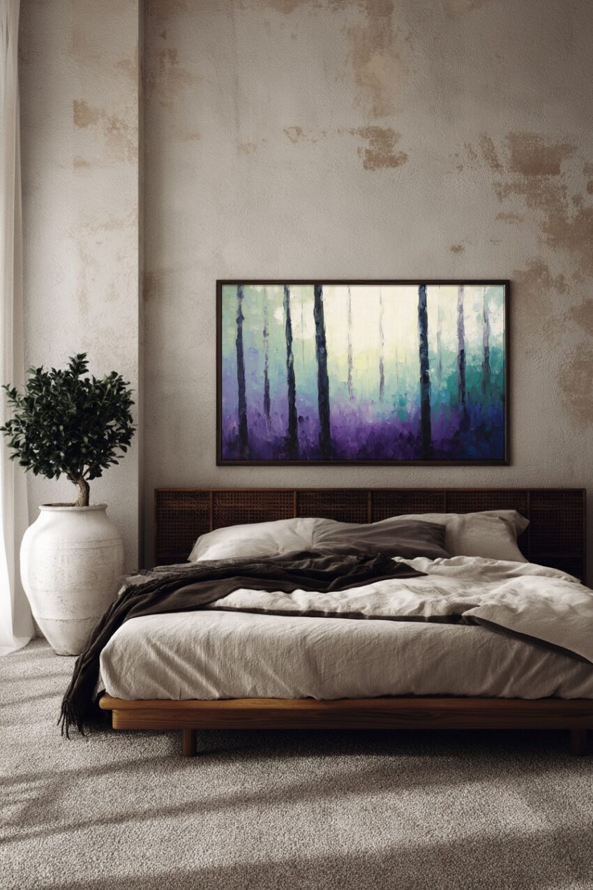 Kunstdruck mit Wald und Nebel in violetten und blauen Farbtönen, abstrakte Bäume vor hellem Hintergrund