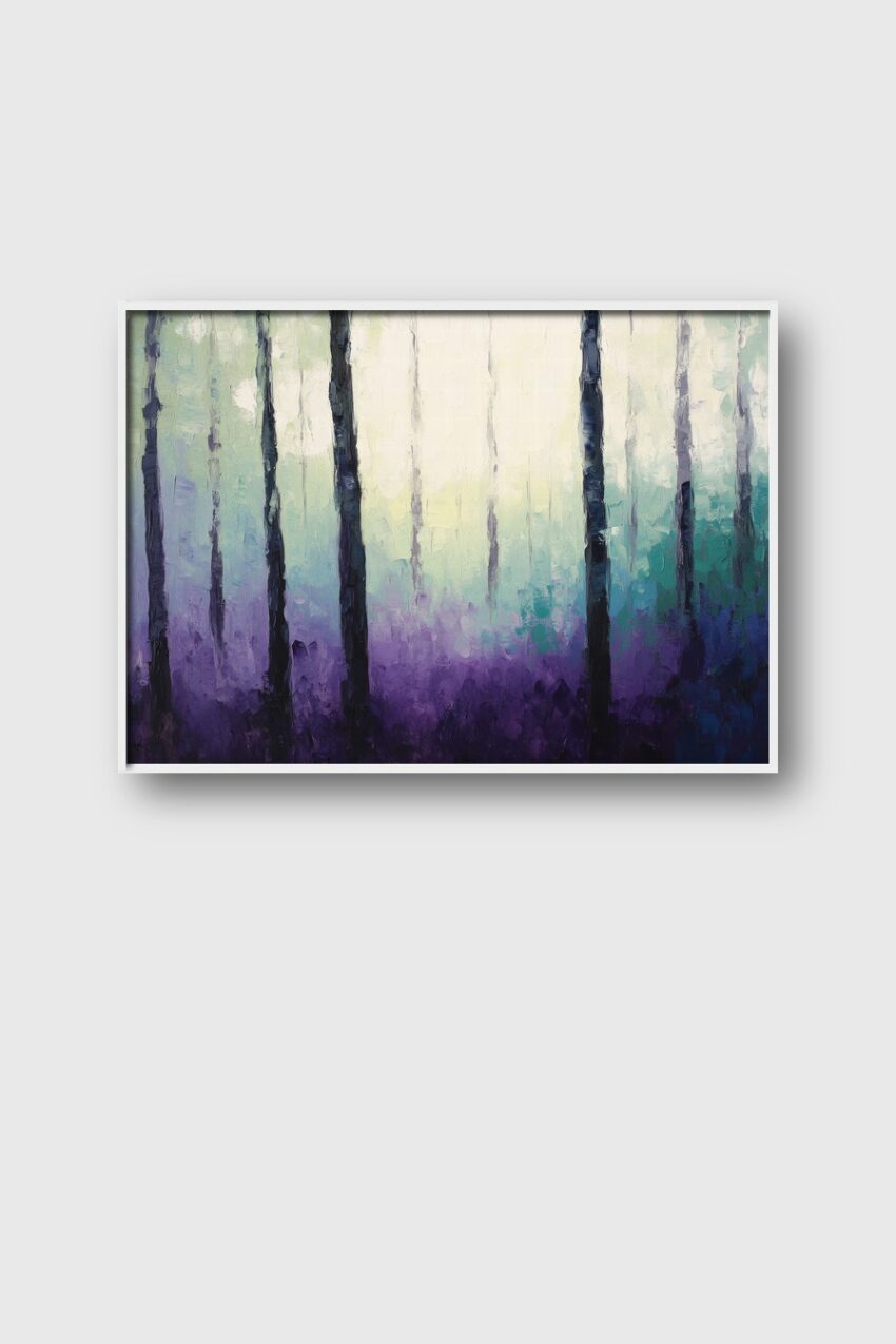 Kunstdruck mit Wald und Nebel in violetten und blauen Farbtönen, abstrakte Bäume vor hellem Hintergrund