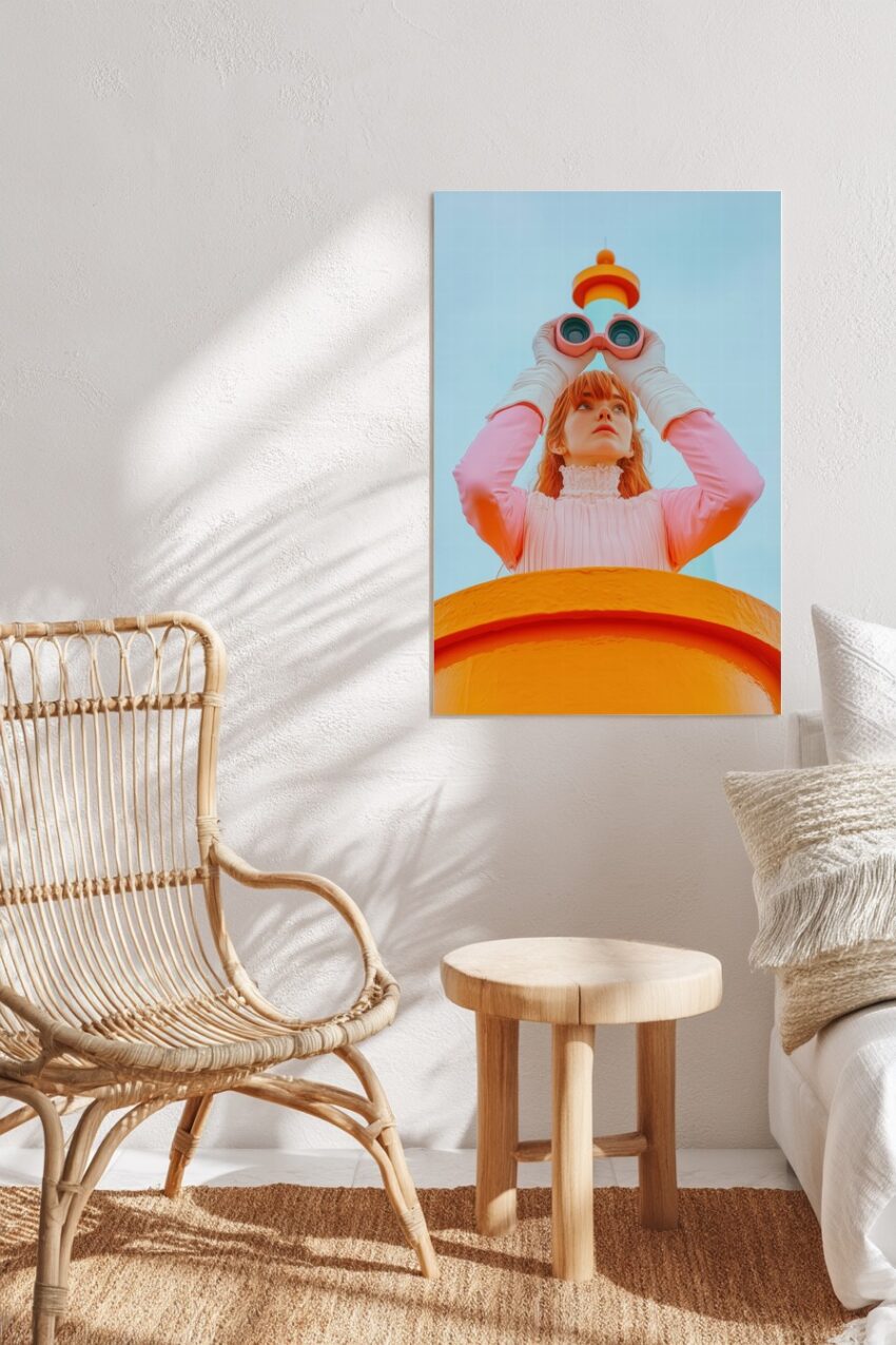 Kunstdruck einer Frau mit Fernrohr vor orangefarbenem Leuchtturm in Pastellfarben