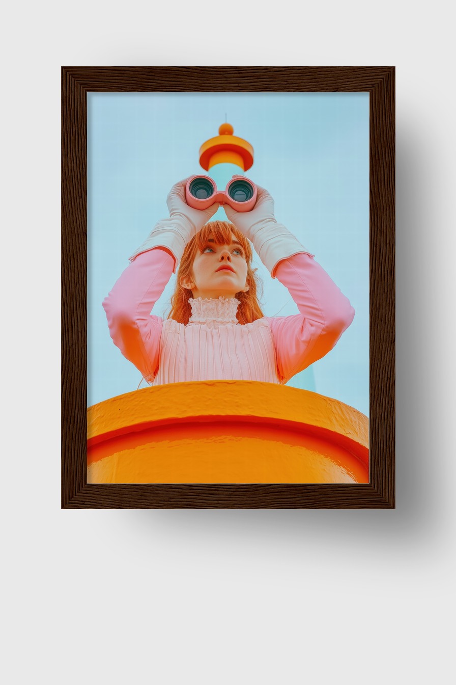 Kunstdruck einer Frau mit Fernrohr vor orangefarbenem Leuchtturm in Pastellfarben