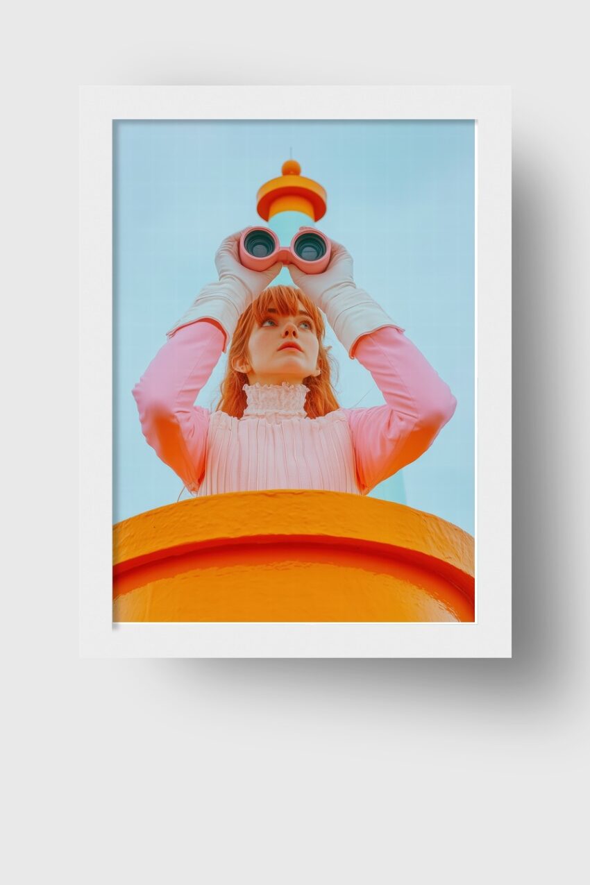 Kunstdruck einer Frau mit Fernrohr vor orangefarbenem Leuchtturm in Pastellfarben