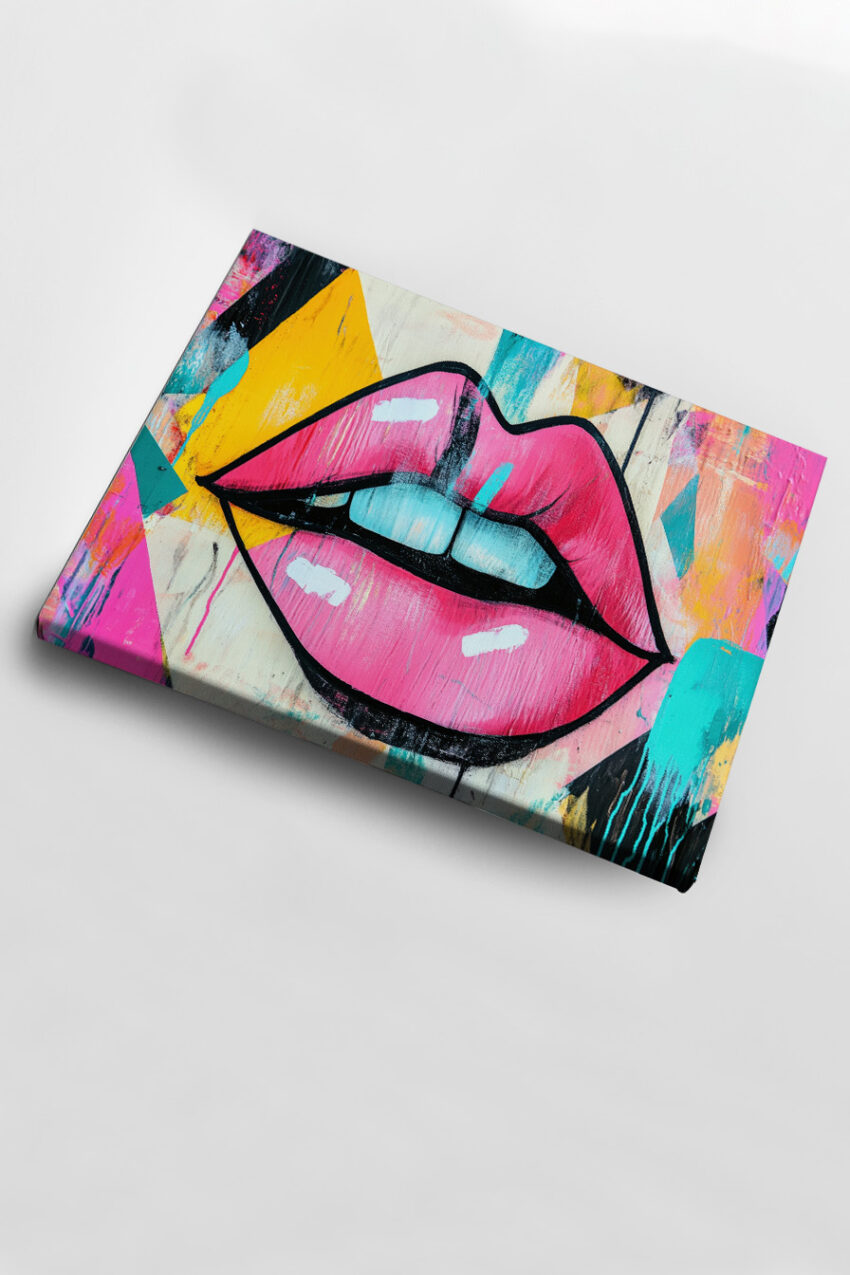 Poster mit pop art Stil großen pinken Lippen vor farbenfrohem abstraktem Hintergrund