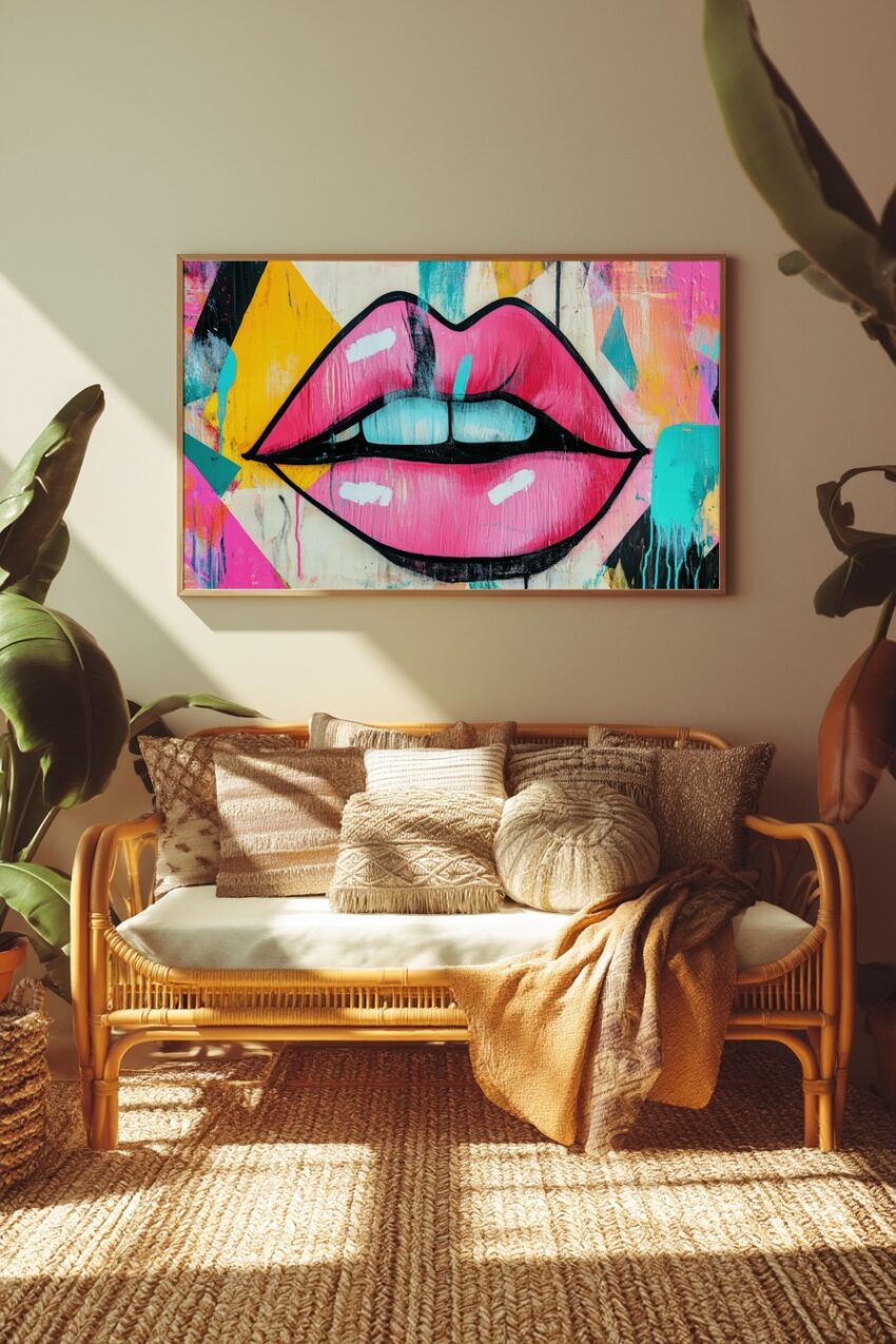 Poster mit pop art Stil großen pinken Lippen vor farbenfrohem abstraktem Hintergrund