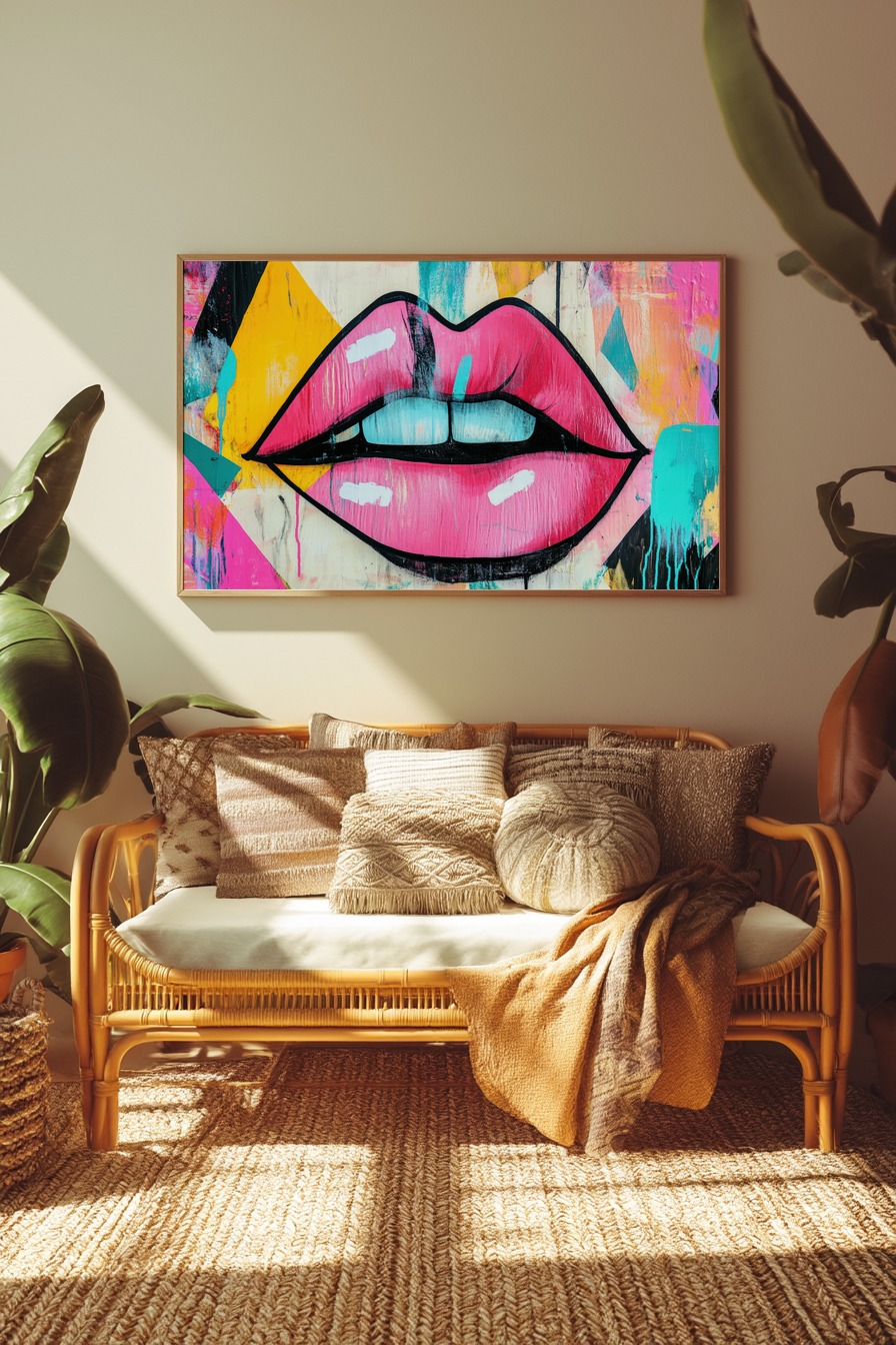 Poster mit pop art Stil großen pinken Lippen vor farbenfrohem abstraktem Hintergrund