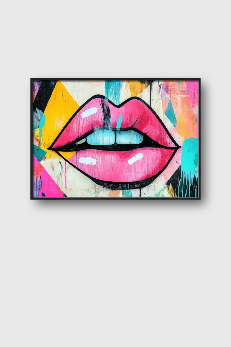 Poster mit pop art Stil großen pinken Lippen vor farbenfrohem abstraktem Hintergrund