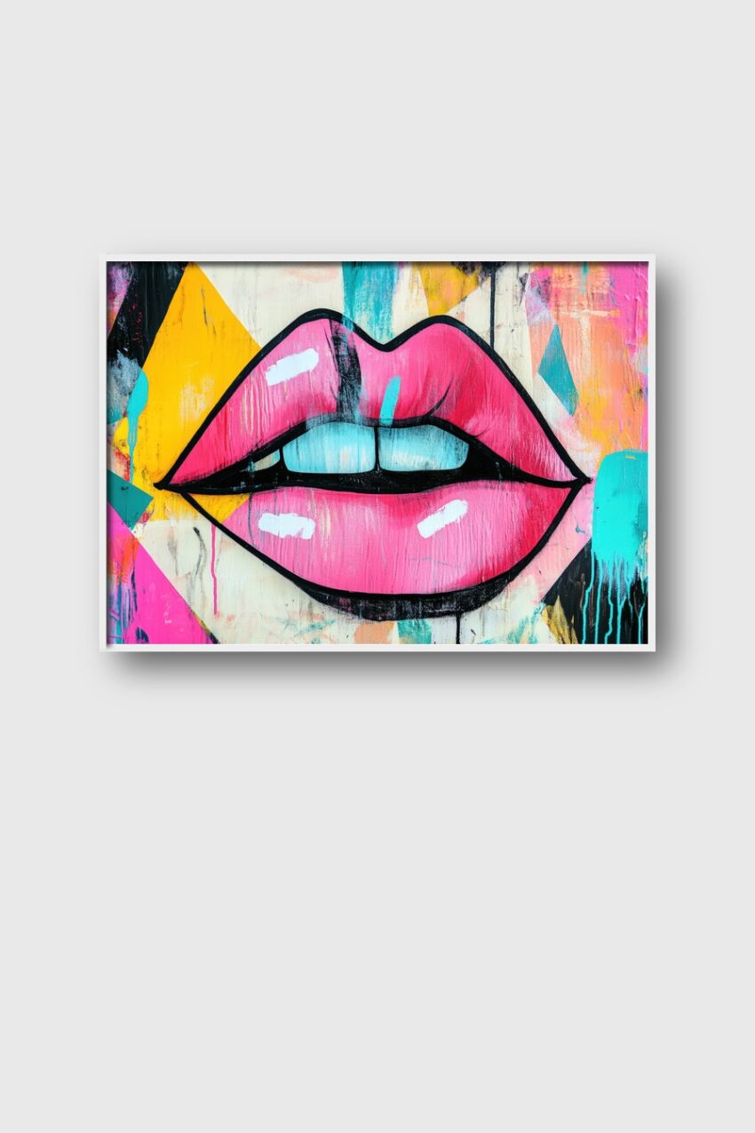Poster mit pop art Stil großen pinken Lippen vor farbenfrohem abstraktem Hintergrund