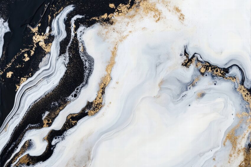 Abstraktes Wandbild mit fließender Marmorstruktur in Schwarz Weiß und goldenen Akzenten für modernen Kunstdruck