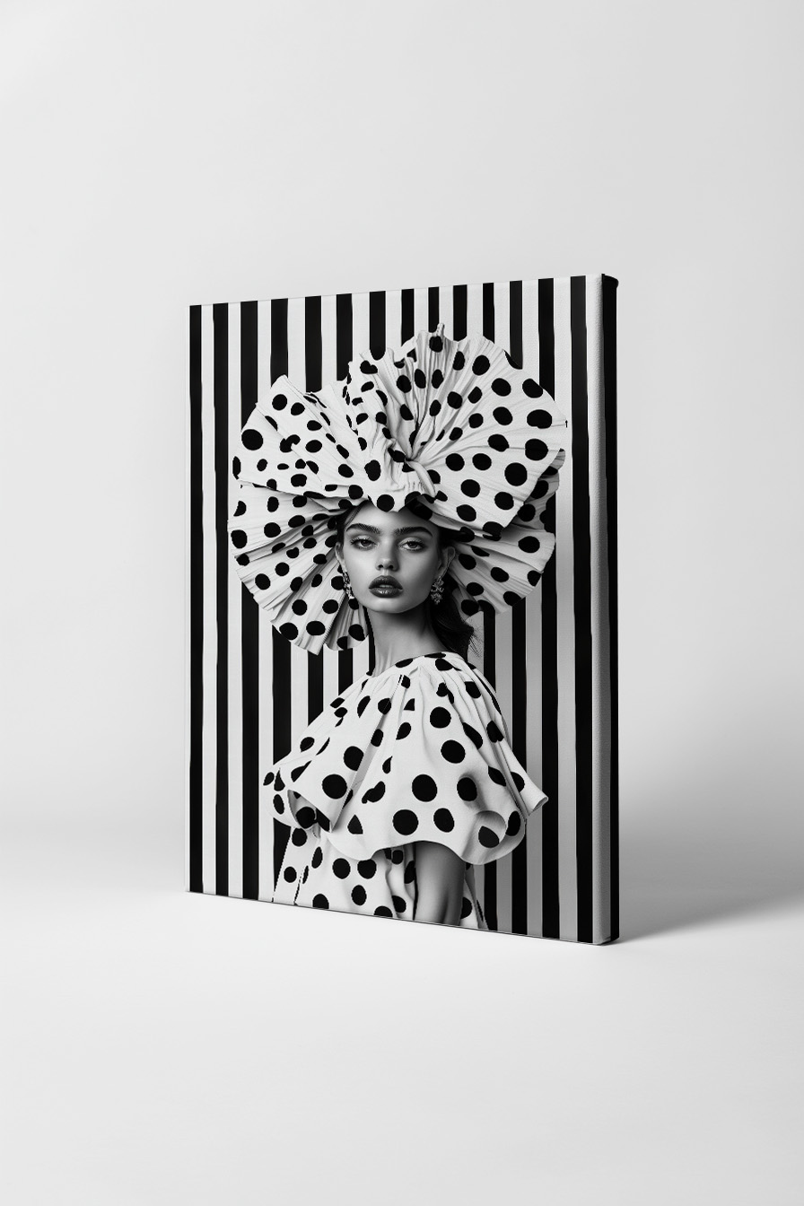 Schwarz Weiß Poster einer Frau mit gepunktetem Kleid und großem Hut vor gestreiftem Hintergrund als moderner Kunstdruck