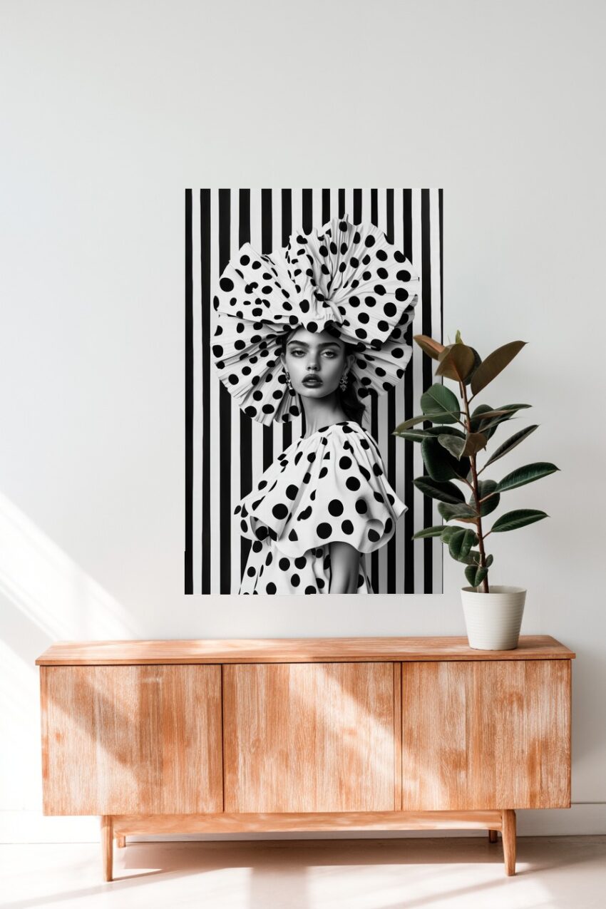 Schwarz Weiß Poster einer Frau mit gepunktetem Kleid und großem Hut vor gestreiftem Hintergrund als moderner Kunstdruck