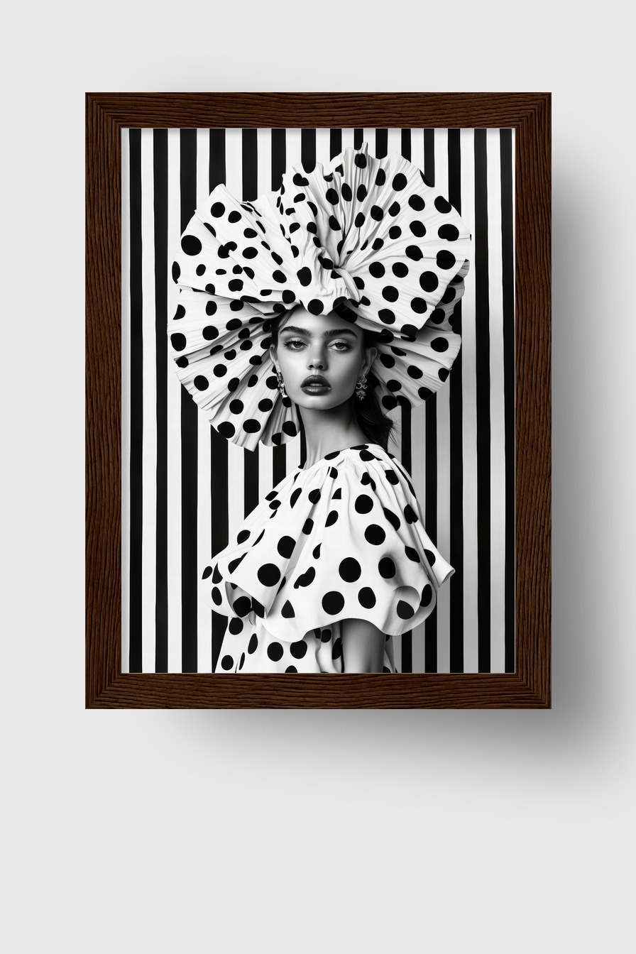Schwarz Weiß Poster einer Frau mit gepunktetem Kleid und großem Hut vor gestreiftem Hintergrund als moderner Kunstdruck