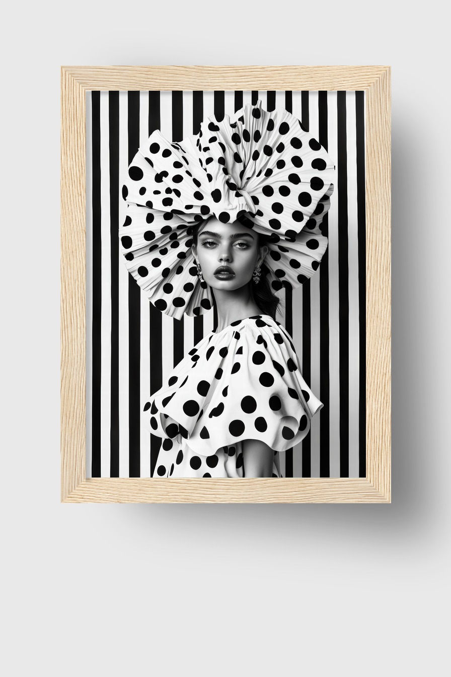 Schwarz Weiß Poster einer Frau mit gepunktetem Kleid und großem Hut vor gestreiftem Hintergrund als moderner Kunstdruck