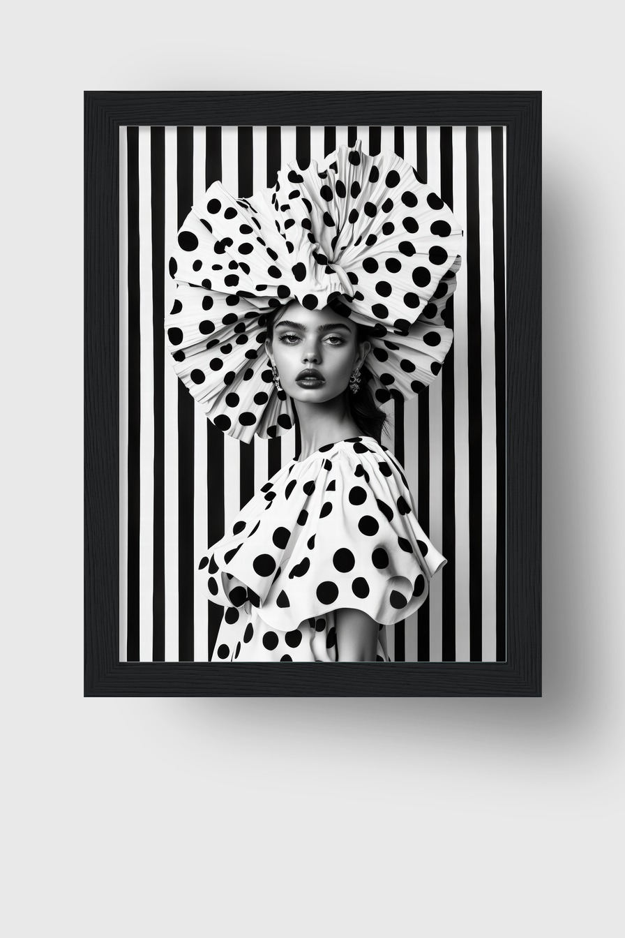 Schwarz Weiß Poster einer Frau mit gepunktetem Kleid und großem Hut vor gestreiftem Hintergrund als moderner Kunstdruck