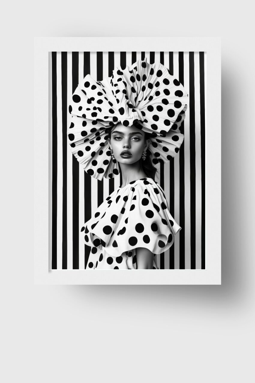 Schwarz Weiß Poster einer Frau mit gepunktetem Kleid und großem Hut vor gestreiftem Hintergrund als moderner Kunstdruck