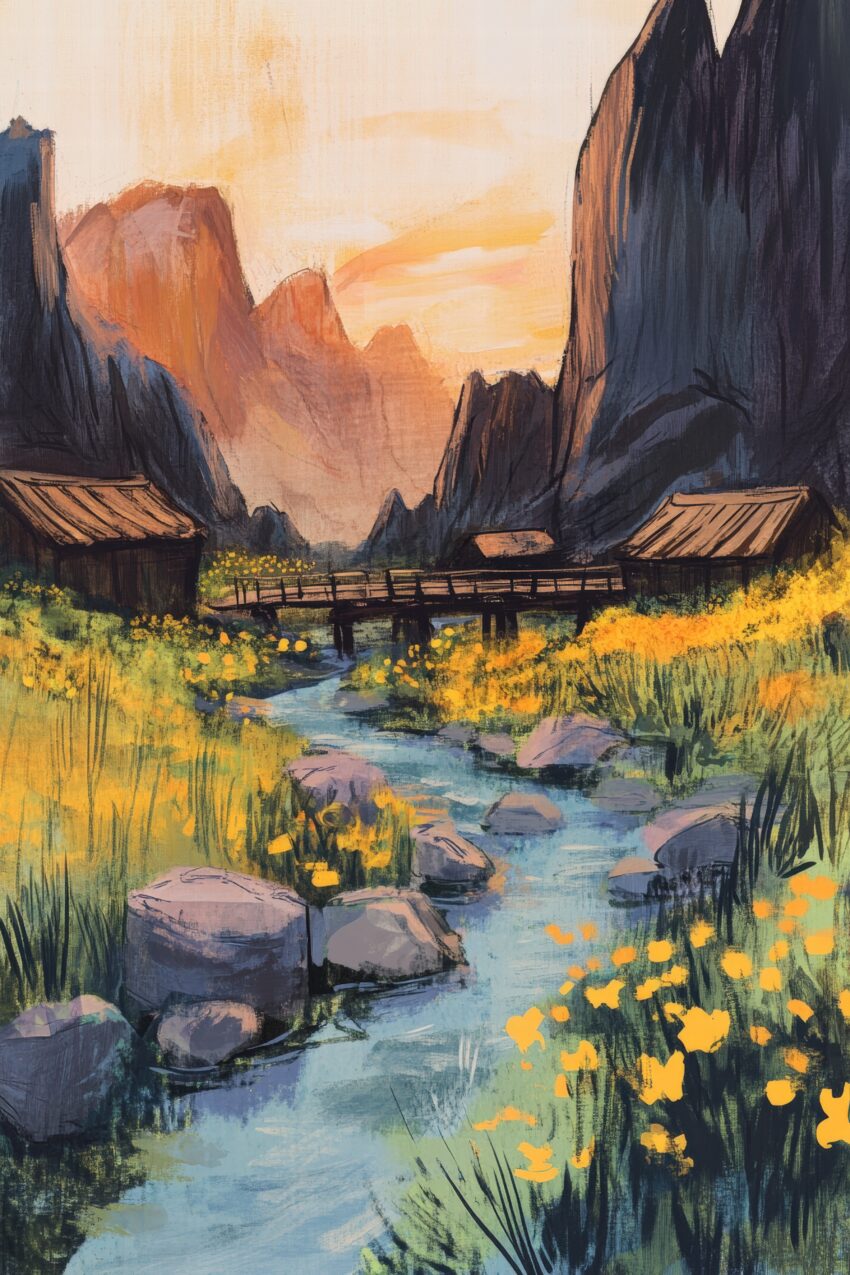 Poster eines Bergtals mit Fluss, Hängebrücke, Holzhütten und gelben Blumen in warmem Abendlicht