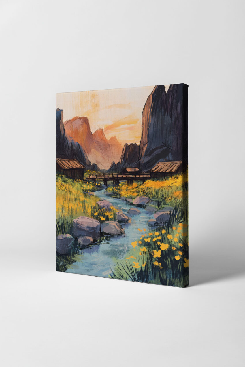Poster eines Bergtals mit Fluss, Hängebrücke, Holzhütten und gelben Blumen in warmem Abendlicht
