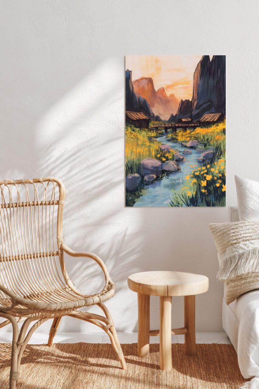 Poster eines Bergtals mit Fluss, Hängebrücke, Holzhütten und gelben Blumen in warmem Abendlicht