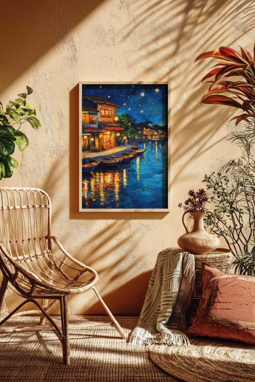 Poster mit malerischer Hafenszene bei Nacht mit Booten und leuchtenden Häusern im impressionistischen Stil in Blau und Orange