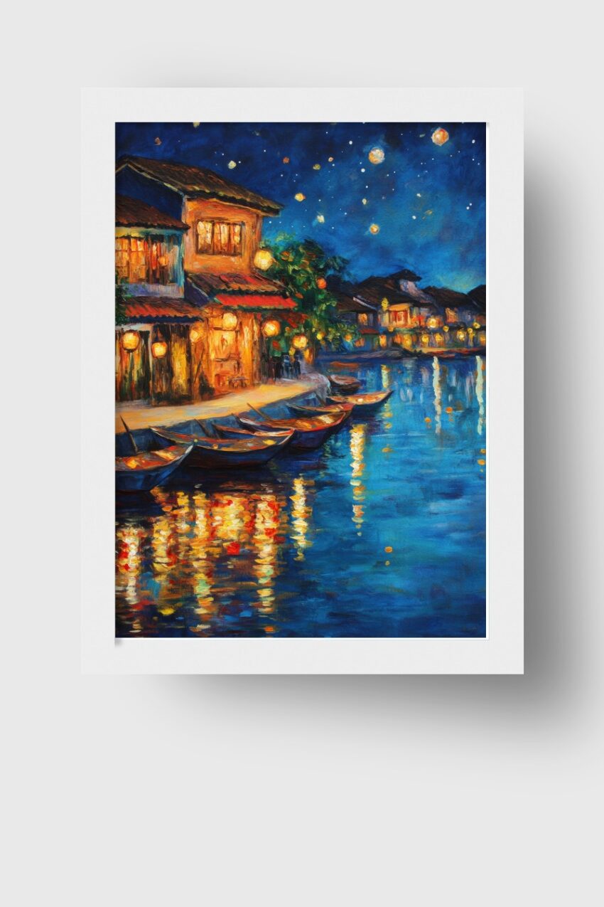 Poster mit malerischer Hafenszene bei Nacht mit Booten und leuchtenden Häusern im impressionistischen Stil in Blau und Orange