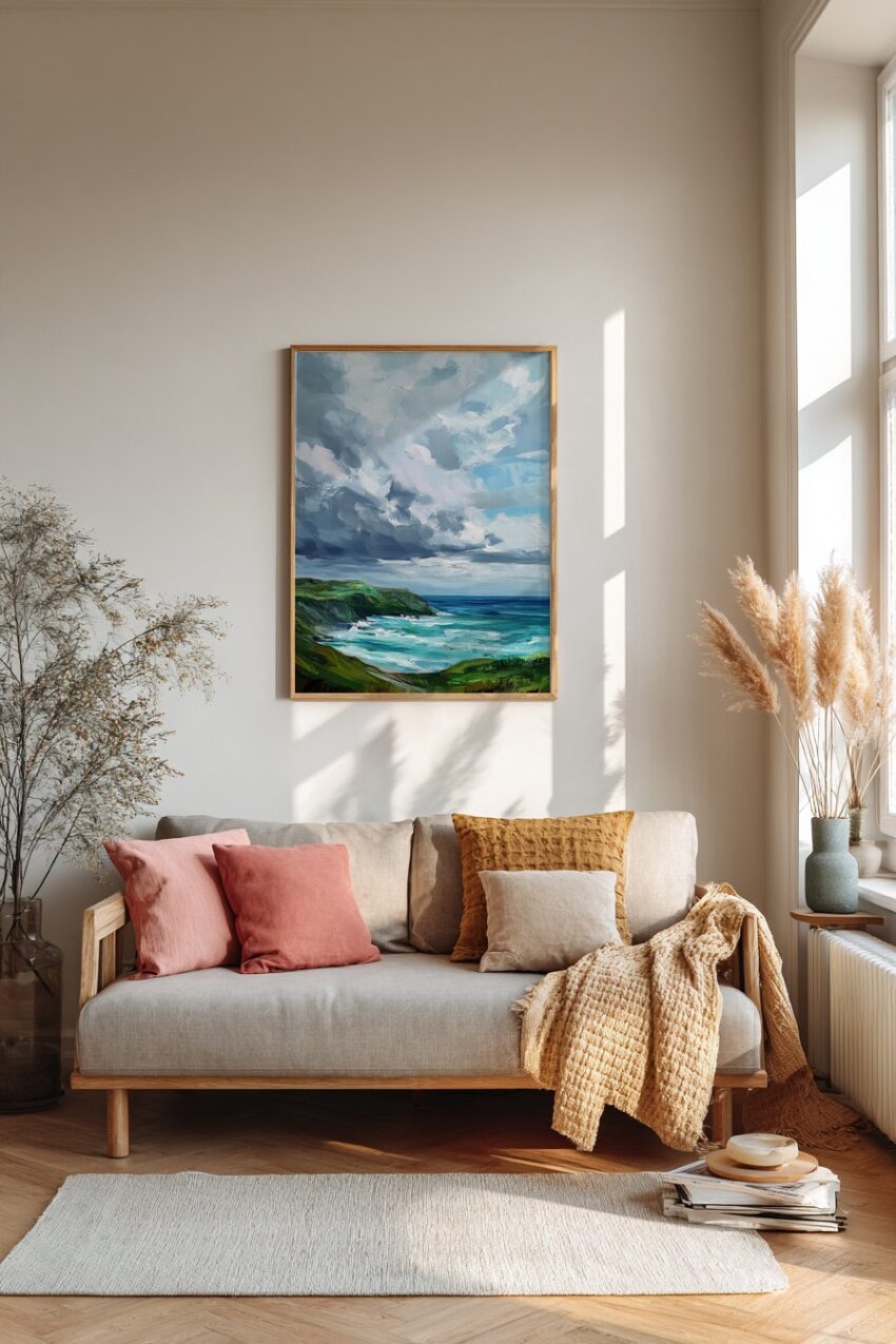 Kunstdruck einer Küstenlandschaft mit grünem Land, stürmischen Wolken und dynamischen Wellen in kräftigen Blautönen