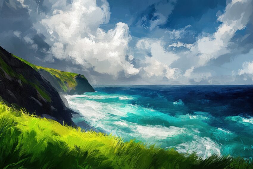 Kunstdruck einer Küstenlandschaft mit grünen Klippen, blauem Meer und bewölktem Himmel in lebendigen Farben