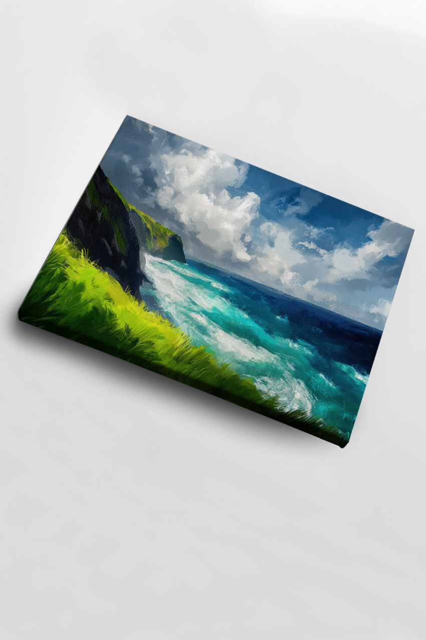 Kunstdruck einer Küstenlandschaft mit grünen Klippen, blauem Meer und bewölktem Himmel in lebendigen Farben