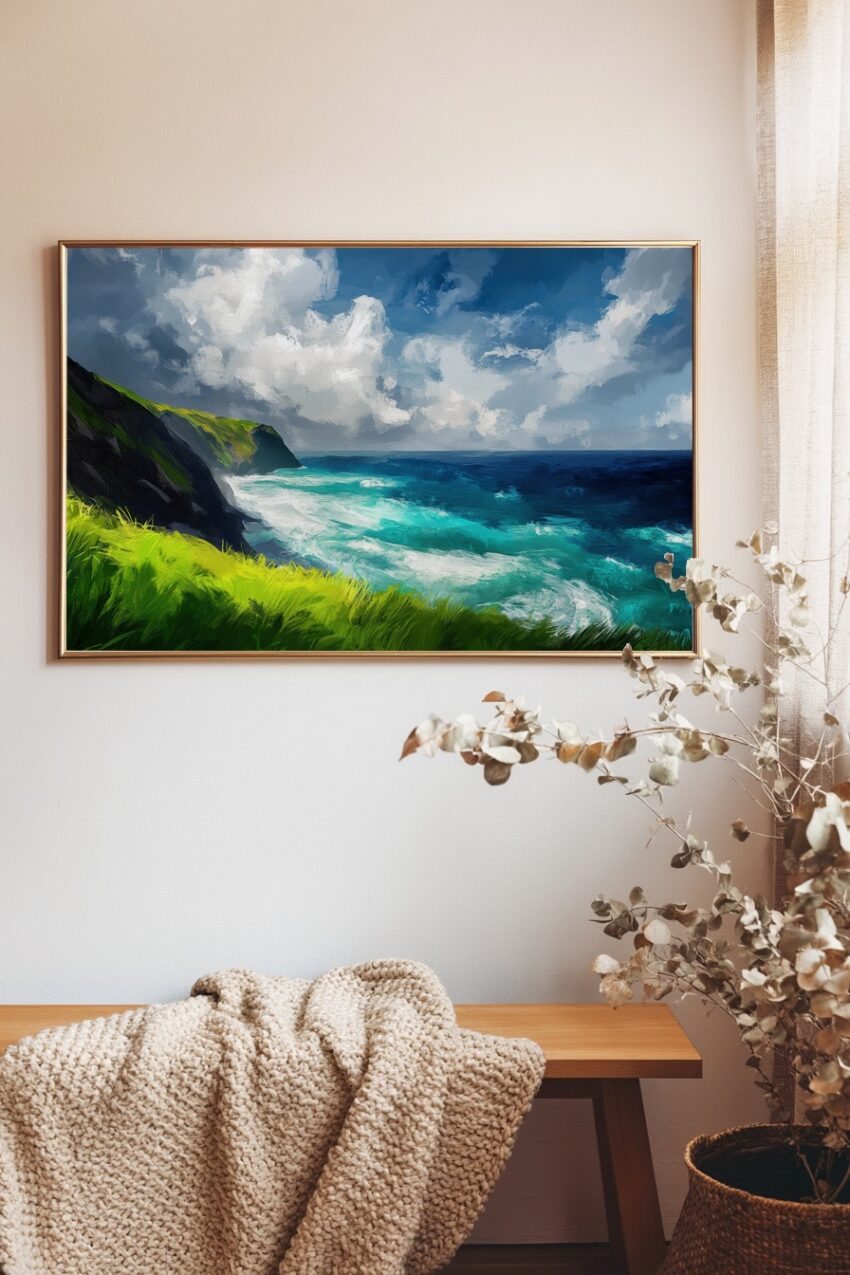 Kunstdruck einer Küstenlandschaft mit grünen Klippen, blauem Meer und bewölktem Himmel in lebendigen Farben